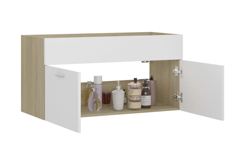 Tvättställsskåp vit och sonoma-ek 90x38,5x46 cm spånskiva - Vit - Hus & renovering - Kök & bad - Badrum - Badrumsmöbler & badrumsinredning - Tvättställsskåp & kommod