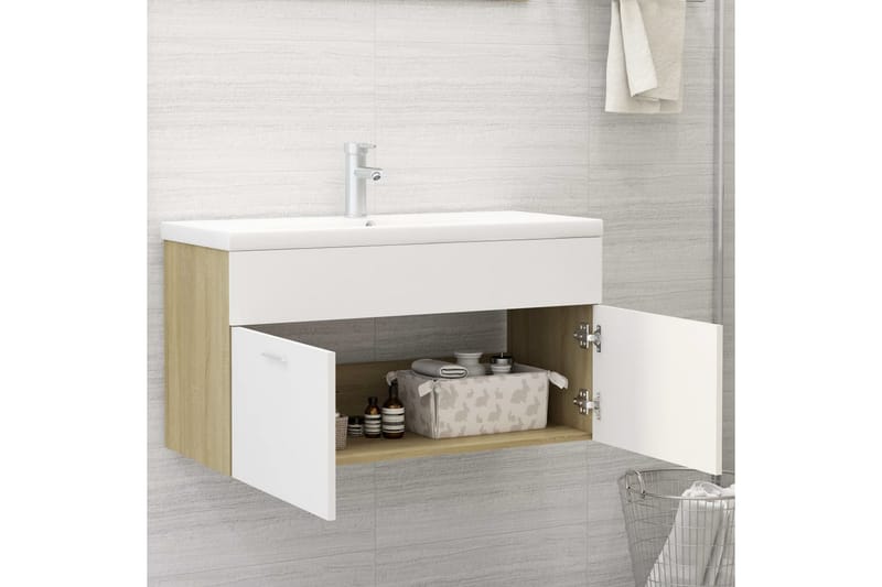 Tvättställsskåp vit och sonoma-ek 90x38,5x46 cm spånskiva - Vit - Hus & renovering - Kök & bad - Badrum - Badrumsmöbler & badrumsinredning - Tvättställsskåp & kommod