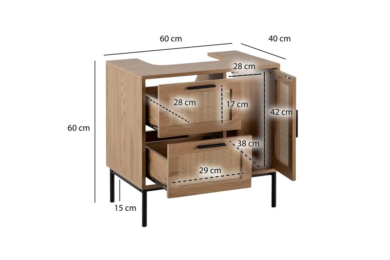 Tvättställsskåp Wohnling melaminbelagd MDF, ek-optik, rottingfront, metallben, modern loftstil 1 dörr, 3 lådor - 1 dörr, 3 lådor - Hus & renovering - Kök & bad - Badrum - Badrumsmöbler & badrumsinredning - Tvättställsskåp & kommod