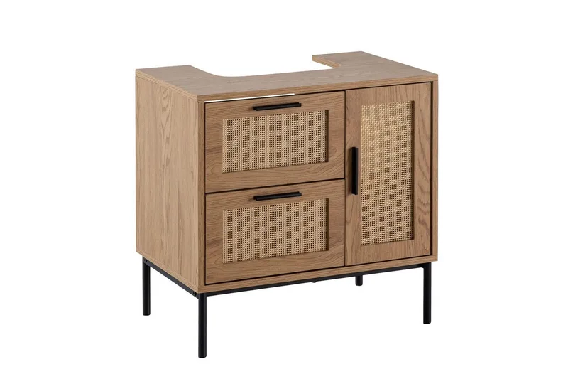 Tvättställsskåp Wohnling melaminbelagd MDF, ek-optik, rottingfront, metallben, modern loftstil 1 dörr, 3 lådor, 1 dörr, 3 lådor
