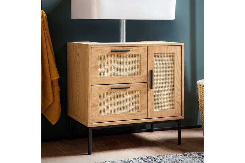 Tvättställsskåp Wohnling melaminbelagd MDF, ek-optik, rottingfront, metallben, modern loftstil 1 dörr, 3 lådor - 1 dörr, 3 lådor - Hus & renovering - Kök & bad - Badrum - Badrumsmöbler & badrumsinredning - Badrumsskåp