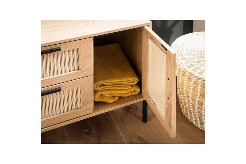 Tvättställsskåp Wohnling melaminbelagd MDF, ek-optik, rottingfront, metallben, modern loftstil 1 dörr, 3 lådor - 1 dörr, 3 lådor - Hus & renovering - Kök & bad - Badrum - Badrumsmöbler & badrumsinredning - Badrumsskåp