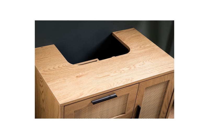 Tvättställsskåp Wohnling melaminbelagd MDF, ek-optik, rottingfront, metallben, modern loftstil 1 dörr, 3 lådor - 1 dörr, 3 lådor - Hus & renovering - Kök & bad - Badrum - Badrumsmöbler & badrumsinredning - Badrumsskåp