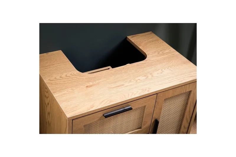 Tvättställsskåp Wohnling melaminbelagd MDF, ek-optik, rottingfront, metallben, modern loftstil 1 dörr, 3 lådor - 1 dörr, 3 lådor - Hus & renovering - Kök & bad - Badrum - Badrumsmöbler & badrumsinredning - Tvättställsskåp & kommod