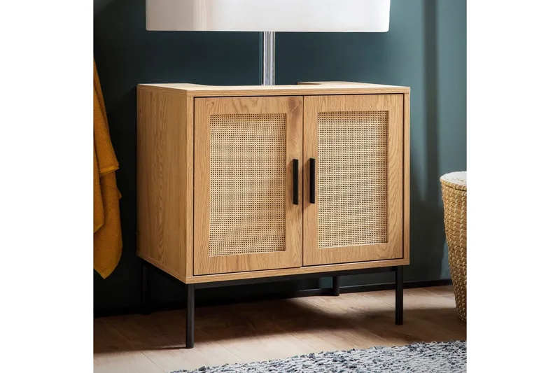 Tvättställsskåp Wohnling melaminbelagd MDF, ek-optik, rottingfront, metallben, modern loftstil 2 dörrar - 2 dörrar - Hus & renovering - Kök & bad - Badrum - Badrumsmöbler & badrumsinredning - Badrumsskåp