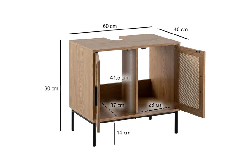 Tvättställsskåp Wohnling melaminbelagd MDF, ek-optik, rottingfront, metallben, modern loftstil 2 dörrar - 2 dörrar - Hus & renovering - Kök & bad - Badrum - Badrumsmöbler & badrumsinredning - Badrumsskåp