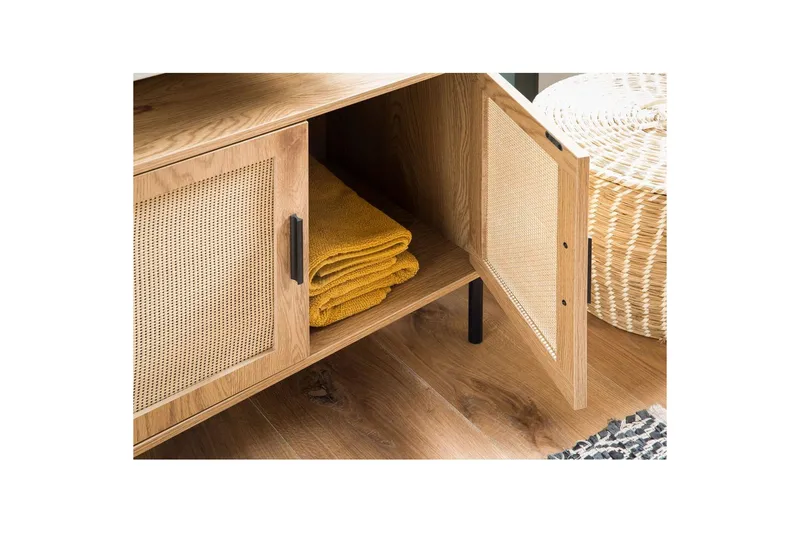 Tvättställsskåp Wohnling melaminbelagd MDF, ek-optik, rottingfront, metallben, modern loftstil 2 dörrar - 2 dörrar - Hus & renovering - Kök & bad - Badrum - Badrumsmöbler & badrumsinredning - Badrumsskåp