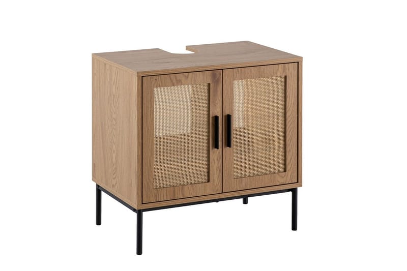 Tvättställsskåp Wohnling melaminbelagd MDF, ek-optik, rottingfront, metallben, modern loftstil 2 dörrar - 2 dörrar - Hus & renovering - Kök & bad - Badrum - Badrumsmöbler & badrumsinredning - Badrumsskåp