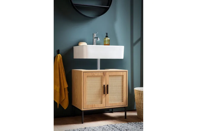 Tvättställsskåp Wohnling melaminbelagd MDF, ek-optik, rottingfront, metallben, modern loftstil 2 dörrar - 2 dörrar - Hus & renovering - Kök & bad - Badrum - Badrumsmöbler & badrumsinredning - Badrumsskåp