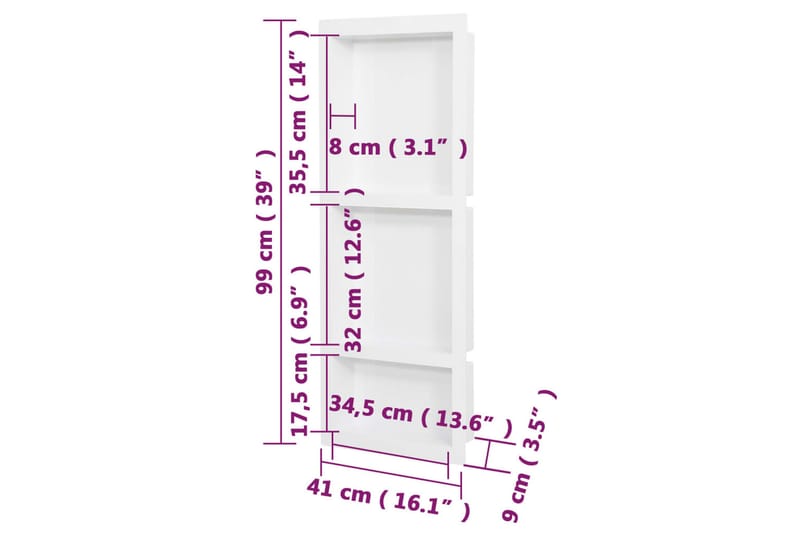 Infälld duschhylla niche 3 hyllor matt vit 41x99x9 cm - Vit - Hus & renovering - Kök & bad - Badrum - Duscharmatur & dusch tillbehör