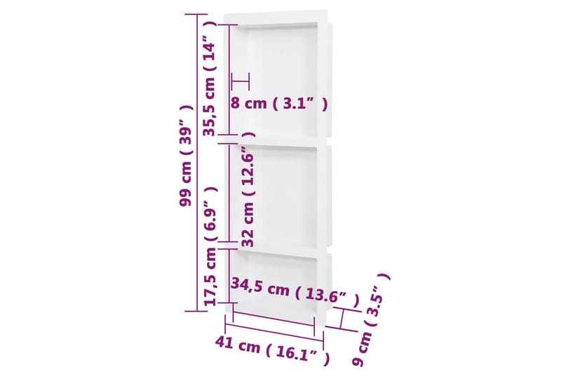 Infälld duschhylla niche 3 hyllor matt vit 41x99x9 cm - Vit - Duschhyllor & duschkorgar