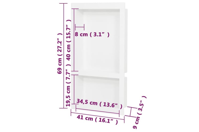 Infälld duschhylla niche 2 hyllor matt vit 41x69x9 cm - Vit - Duschhyllor & duschkorgar