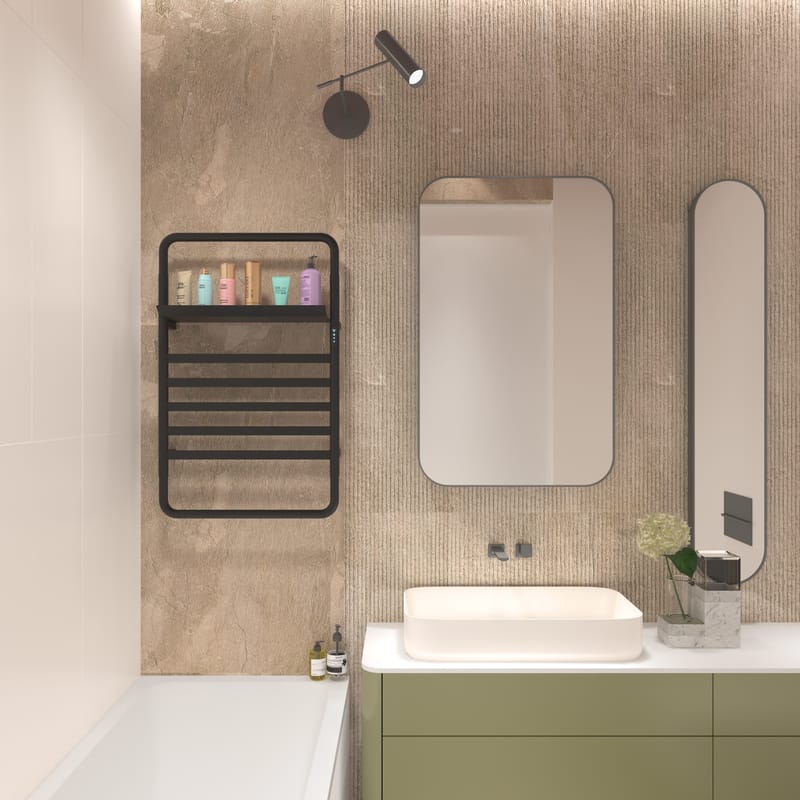 Svart handdukstork med timer och hylla | 60x90 cm | Stilren elmodell, undefined