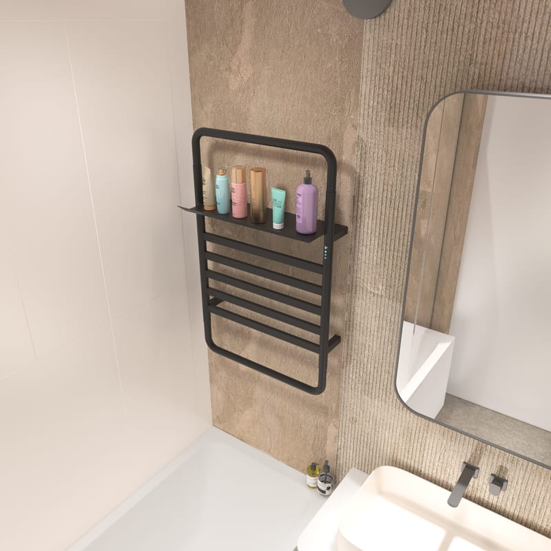 Svart handdukstork med timer och hylla | 60x90 cm | Stilren elmodell - Hus & renovering - Kök & bad - Badrum - Handdukstorkar - Handdukstork el