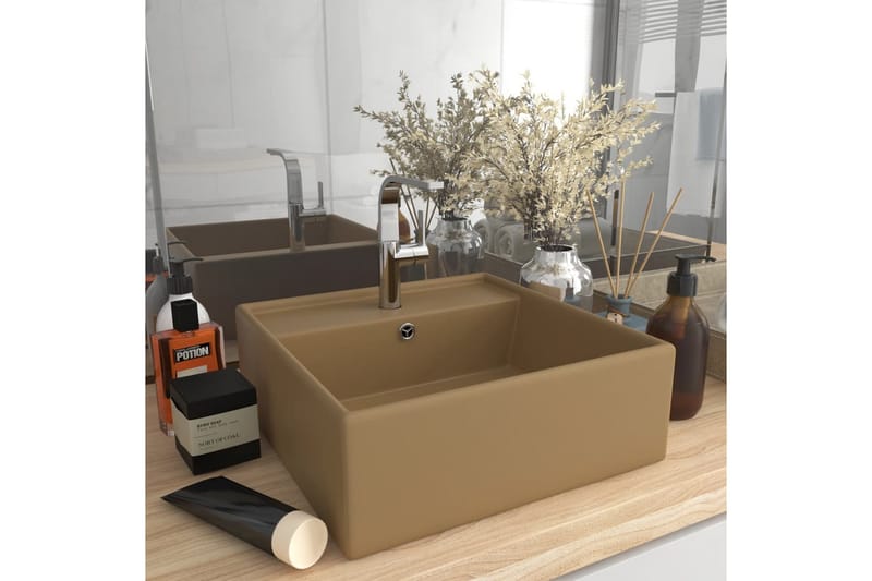 Fyrkantigt handfat bräddavlopp matt gräddvit 41x41 cm - Kräm - Hus & renovering - Kök & bad - Badrum - Tvättställ & handfat - Enkelhandfat