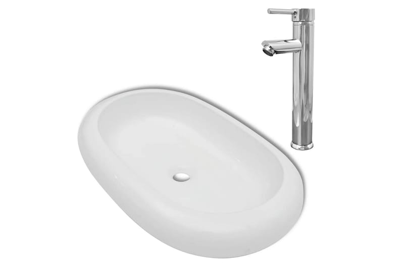 Handfat med blandare keramik oval vit - Vit - Hus & renovering - Kök & bad - Badrum - Tvättställ & handfat - Enkelhandfat