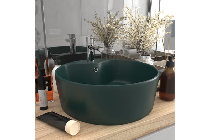 Handfat med bräddavlopp matt mörkgrön 36x13 cm keramik - Grön - Hus & renovering - Kök & bad - Badrum - Tvättställ & handfat - Enkelhandfat