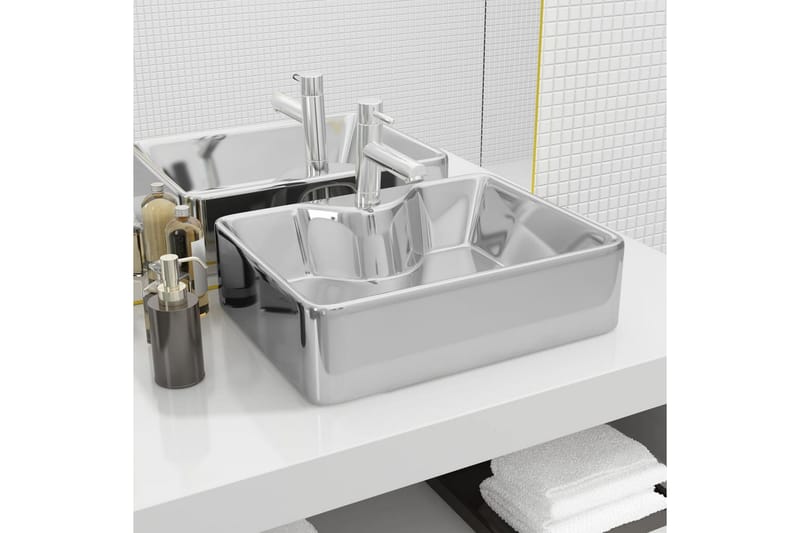 Handfat med kranhål 48x37x13,5 cm keramik silver - Silver - Hus & renovering - Kök & bad - Badrum - Tvättställ & handfat - Enkelhandfat