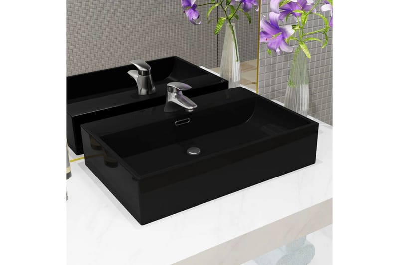Handfat med kranhål keramik svart 60,5x42,5x14,5 cm - Svart - Hus & renovering - Kök & bad - Badrum - Tvättställ & handfat - Enkelhandfat