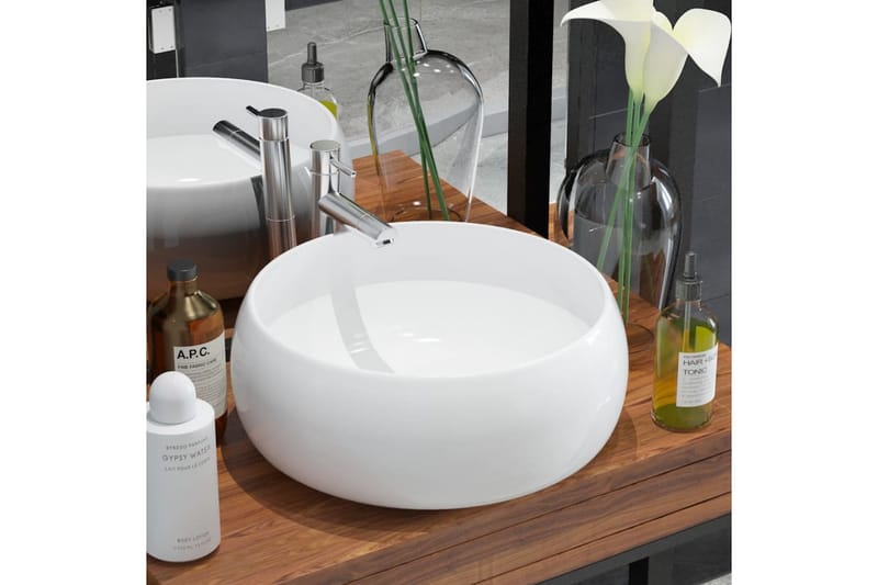 Handfat rund keramik vit 40x15 cm - Vit - Hus & renovering - Kök & bad - Badrum - Tvättställ & handfat - Enkelhandfat