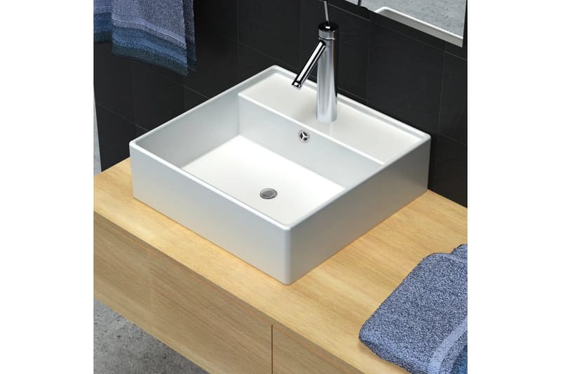 Lyxigt keramisk handfat med överflöds- och kranhål 41x41 cm - Vit - Hus & renovering - Kök & bad - Badrum - Tvättställ & handfat - Enkelhandfat