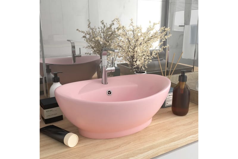 Ovalt handfat med bräddavlopp matt rosa 58,5x39 cm keramik - Rosa - Hus & renovering - Kök & bad - Badrum - Tvättställ & handfat - Enkelhandfat