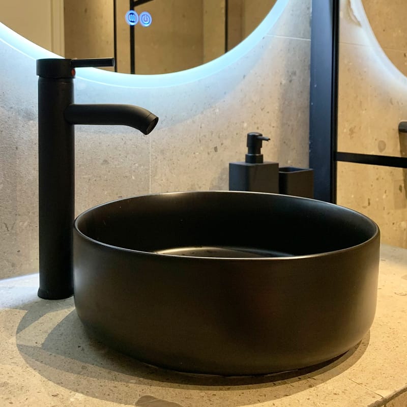 Runt tvättställ 36cm | För bänkmontering | Mattsvart porslin, undefined