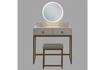 Auxon Sminkbord med Spegel och Belysning i Trä med Metallben - Vit|Beige - Möbler - Bord & matgrupper - Sminkbord & toalettbord