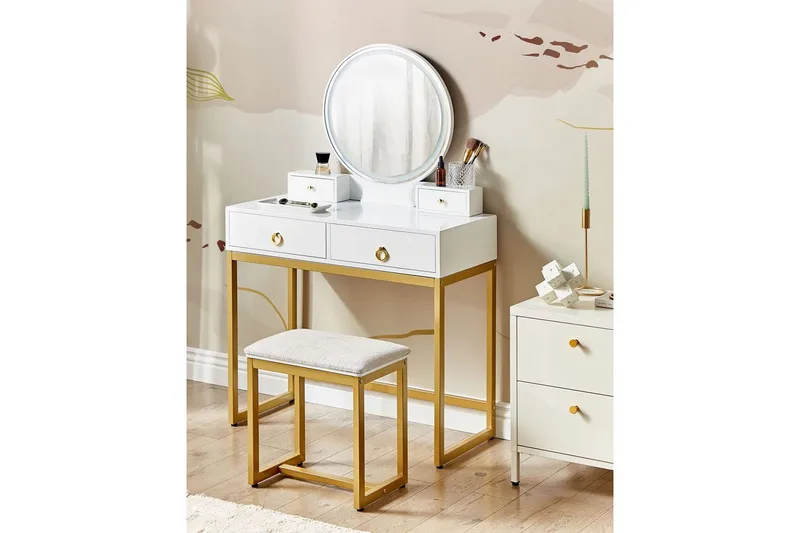 Auxon Sminkbord med Spegel och Belysning i Trä med Metallben - Vit|Beige - Möbler - Bord & matgrupper - Sminkbord & toalettbord