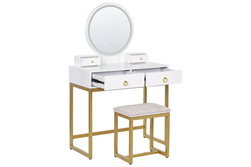 Auxon Sminkbord med Spegel och Belysning i Trä med Metallben - Vit|Beige - Möbler - Bord & matgrupper - Sminkbord & toalettbord