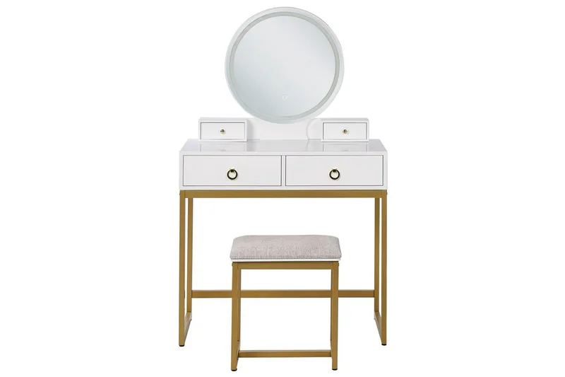 Auxon Sminkbord med Spegel och Belysning i Trä med Metallben - Vit|Beige - Möbler - Bord & matgrupper - Sminkbord & toalettbord