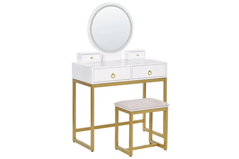 Auxon Sminkbord med Spegel och Belysning i Trä med Metallben, Vit|Beige