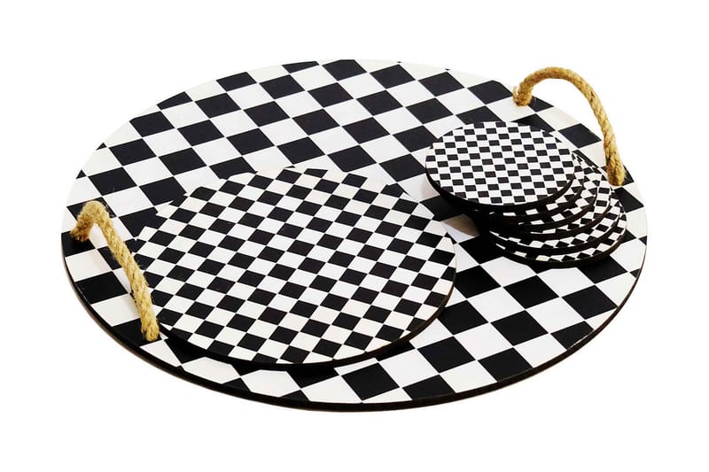 Träbricka & glasunderlägg 8-pack, Svart/Vit