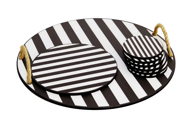 Träbricka & glasunderlägg 8-pack, Svart/Vit