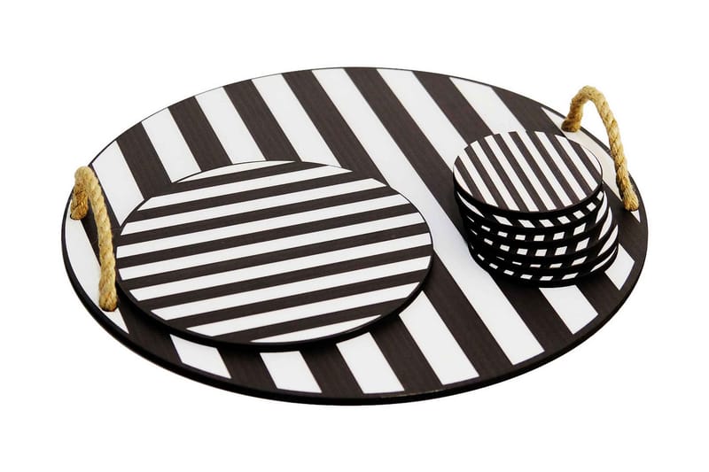 Träbricka & glasunderlägg 8-pack, Svart/Vit