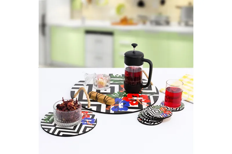 Träbricka & glasunderlägg 8-pack - Flerfärgad - Hushåll - Servering & Dukning - Brickor & fat - Serveringsbricka