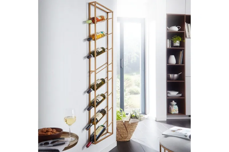 Vinställ Wohnling väggmonterad, plats för 8 flaskor, pulverlackerad metall, industriell loftstil Guld - Guld - Förvaring - Hylla - Förvaringshylla - Vinställ & vinhylla