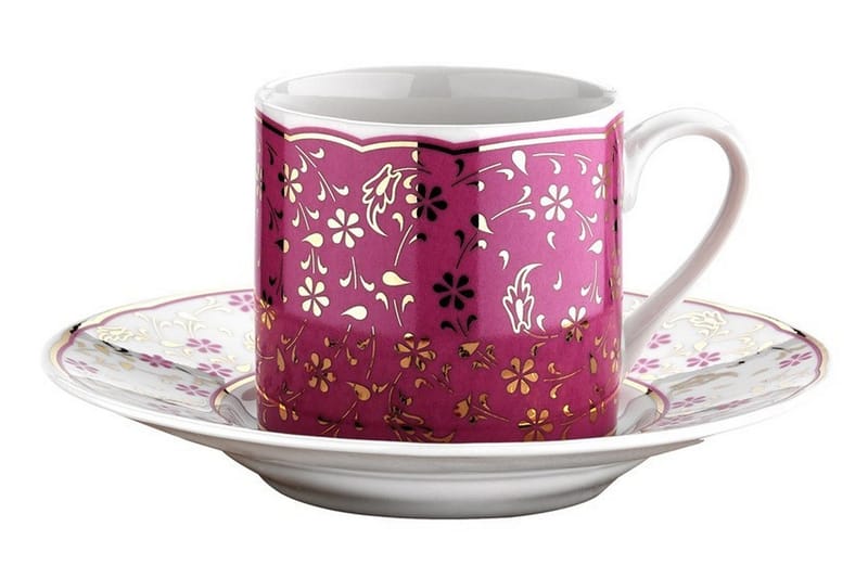 Adine Kaffeservis 12 Delar Porslin - Vit/Rosa/Guld - Kaffekopp & kaffemugg - Muggar & koppar - Porslin