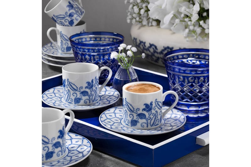Adine Kaffeservis 12 Delar Porslin - Vit/Mörkblå - Kaffekopp & kaffemugg - Muggar & koppar - Porslin