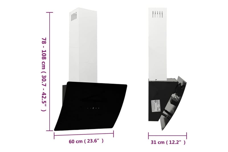 Köksfläkt 60 cm stål och härdat glas svart - Svart - Vägghängd köksfläkt