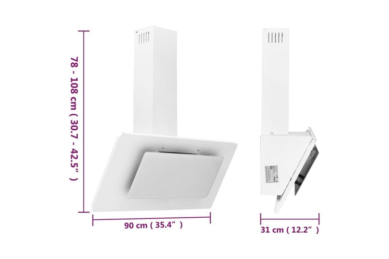 Köksfläkt 90 cm rostfritt stål och härdat glas vit - Vit - Vägghängd köksfläkt