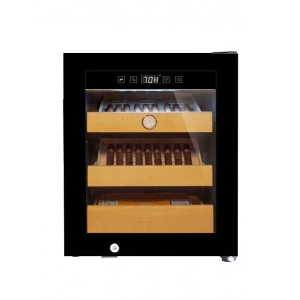 Cigarrhumidor 34L | Premium elektrisk humidor med kompressorkylning | 3 bokträshyllor & UV-skyddad glasdörr, undefined