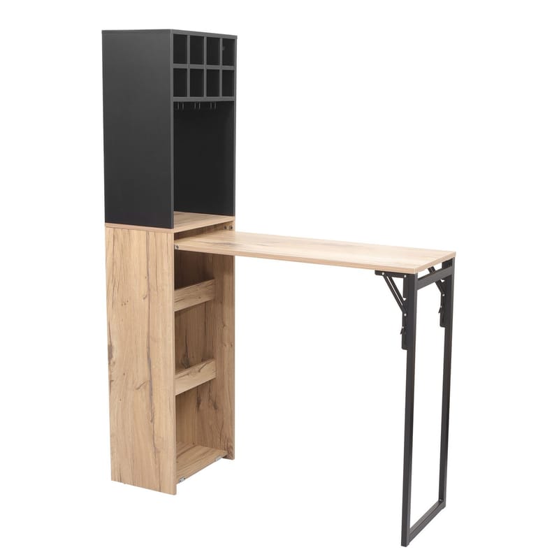 Barhylla med bord Hannes 44x122(30)x170 cm, Ljust rustikt trä / svart