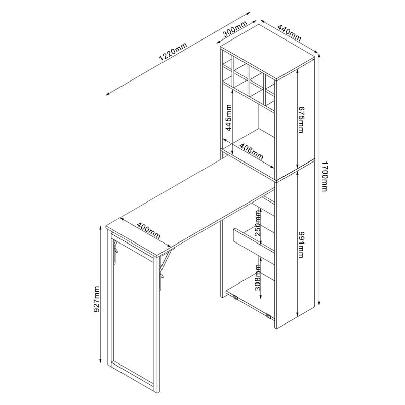 Barhylla med bord Hannes 44x122(30)x170 cm - Ljust rustikt trä / svart - Möbler - Bord & matgrupper