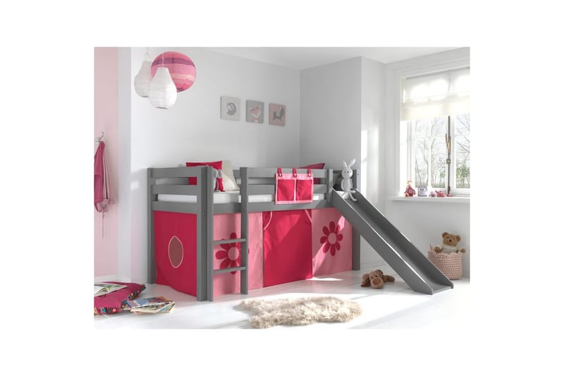 Halvhög Säng med gardin och rutschkana Pino Grå, Rosa Blomma - Grå, Rosa Blomma - Möbler - Barnmöbler - Barnsäng & juniorsäng - Loftsäng barn