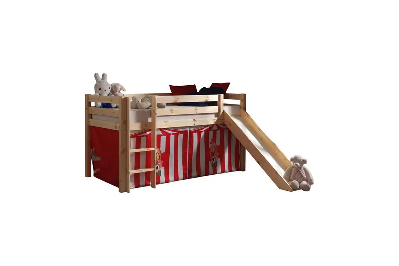 Halvhög Säng med gardin och rutschkana Pino Naturlig, Chucky, Naturlig, Chucky