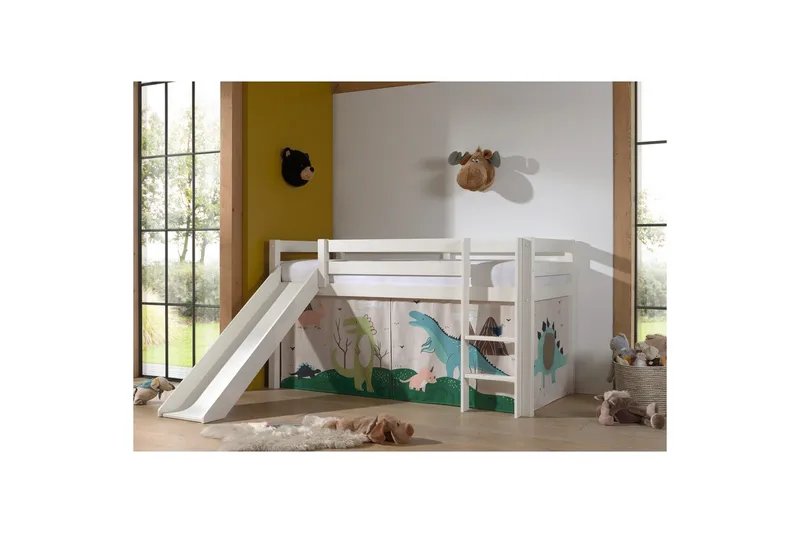 Halvhög Säng med gardin och rutschkana Pino Vit, Dino - Vit, Dino - Möbler - Barnmöbler - Barnsäng & juniorsäng - Loftsäng barn