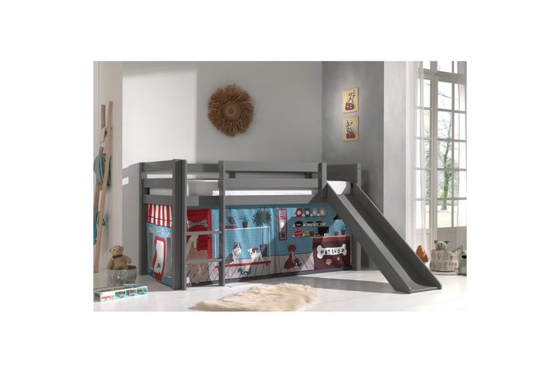 Halvhög Säng med gardin och rutschkana Pino Grå, Husdjursaffär - Grå, Husdjursaffär - Möbler - Barnmöbler - Barnsäng & juniorsäng - Loftsäng barn