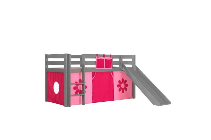 Halvhög Säng med gardin och rutschkana Pino Grå, Rosa Blomma - Grå, Rosa Blomma - Möbler - Barnmöbler - Barnsäng & juniorsäng - Loftsäng barn