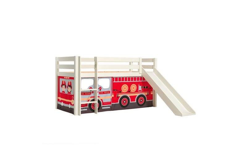Halvhög Säng med gardin och rutschkana Pino Vit, Brandbil - Vit, Brandbil - Möbler - Barnmöbler - Barnsäng & juniorsäng - Loftsäng barn